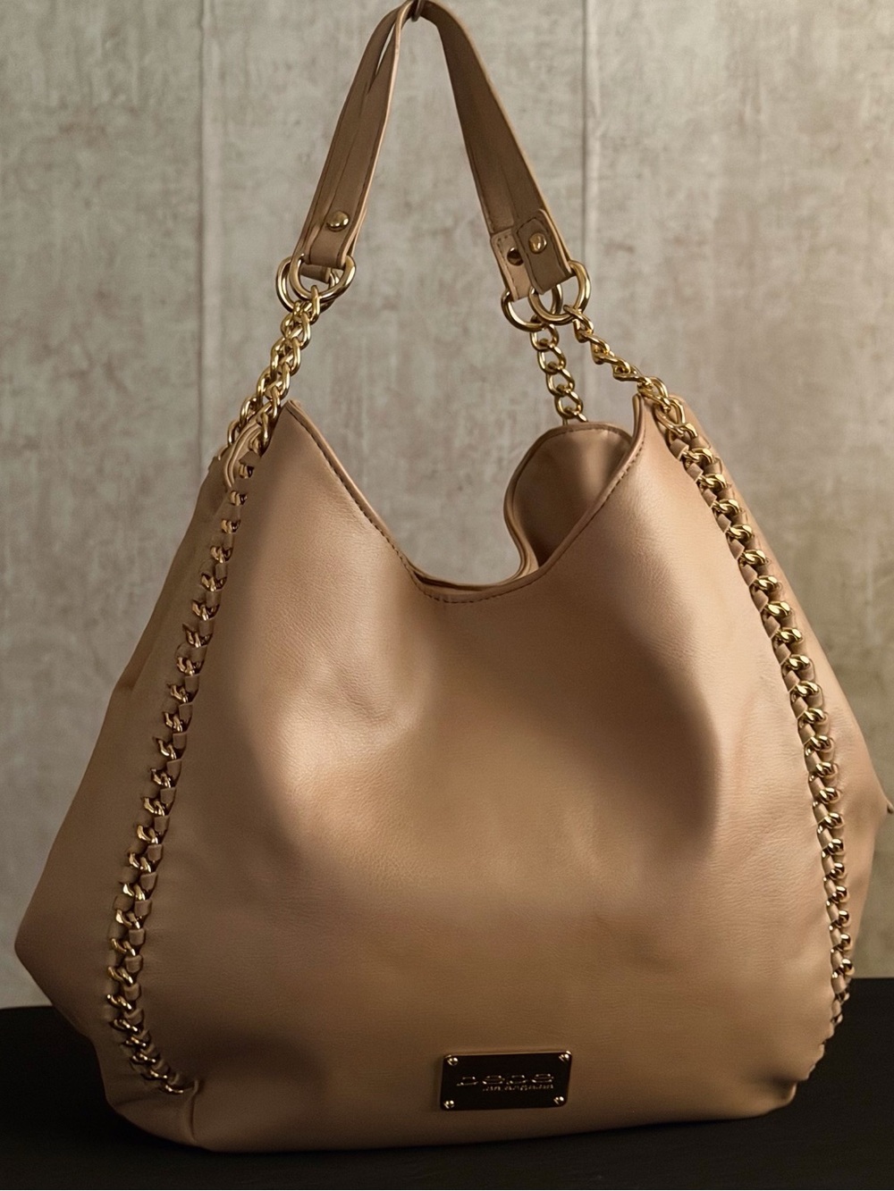 Bebe Colette Triple Entry Beige Hobo Shoulder Bag Gold Chain Accents Purse Tote